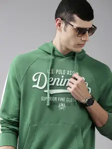 U.S. Polo Assn. Denim Co. U S Polo Assn Denim Co Men Green Typographic Printed Pure Cotton Hooded Sweatshirt