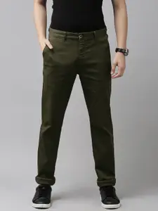 U.S. Polo Assn. Men Olive Green Solid Slim Fit Regular Trousers