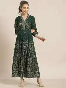 Juniper Green & Golden Ethnic Motifs Liva Maxi Dress