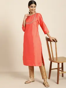 Sangria Women Coral Orange Solid Straight Kurta with Embroidered Detail