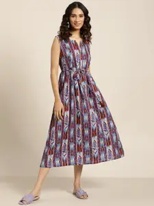Sangria Blue & Maroon Striped Gathered A-Line Dress