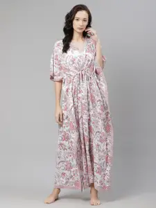Divena White & Pink Printed Maxi Pure Cotton Kaftan Nightdress