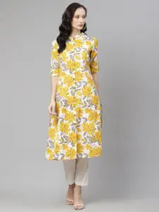 Divena Women White & Mustard Yellow Floral Printed Pure Cotton Pure Cotton A-Line Kurta