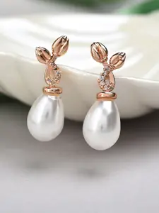 AMI Rose Gold-Toned & Cubic Zirconia & Pearls Contemporary Drop Earrings