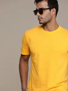 SELECTED Men Mustard Yellow Organic Cotton Slim Fit Pure Cotton T-shirt