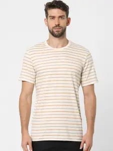 SELECTED Men Beige & Orange Striped Organic Cotton T-shirt