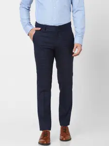 SELECTED Men Navy Blue Checked Slim Fit Trousers