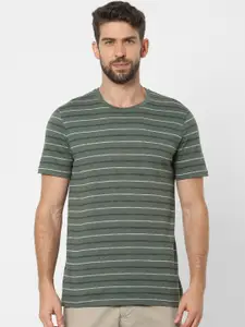 SELECTED Men Green & White Striped Organic Cotton T-shirt
