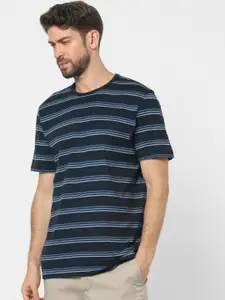 SELECTED Men Navy Blue Striped Slim Fit T-shirt