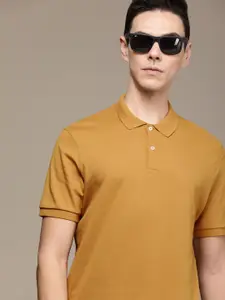SELECTED Men Mustard Yellow Solid Polo Collar Slim Fit Pure Organic Cotton T-shirt