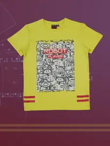 Gini and Jony Boys Lime Green  Grey Printed Pure Cotton T-shirt