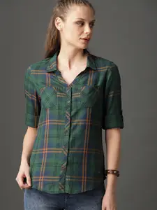 Roadster Women Green & Navy Blue Slim Fit Checked Sustainable Casual Shirt