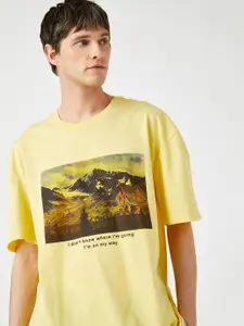 Koton Men Yellow & Black Graphic Print Oversize Cotton T-shirt