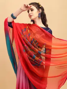 Sangria Red & Turquoise Blue Ethnic Motifs Pure Georgette Saree