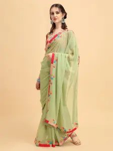 Sangria Green & Red Floral Embroidered Pure Georgette Saree