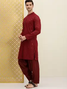 House of Pataudi Men Maroon Paisley Regular Jashn Kurta with Patiala