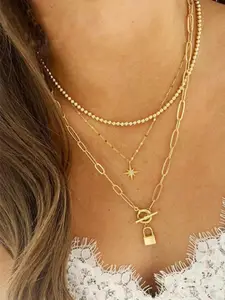 Shining Diva Fashion Gold-Plated Link Detail Layered Necklace