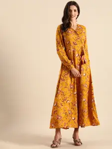 all about you Mustard Yellow & Pink Floral Print Wrap Midi Dress with Gathers