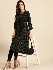 all about you Women Black & Off White Checked Kurta with Waist Tie-Up Detailing