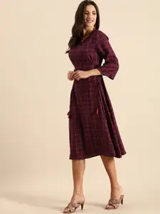 all about you Women Purple & Orange Checked Kurta with Waist Tie-Up Detailing