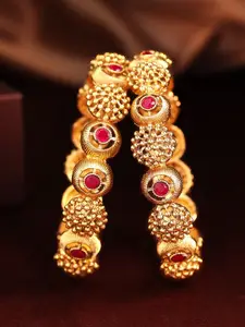 Rubans Set Of 2 24K Gold-Plated & Pink Stone-Studded Handcrafted Filigree Bangles