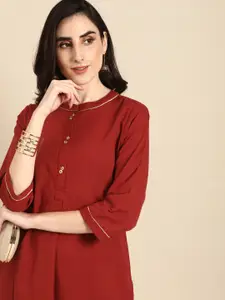 all about you Women Red Solid Pure Cotton Kurta with Zari Trim
