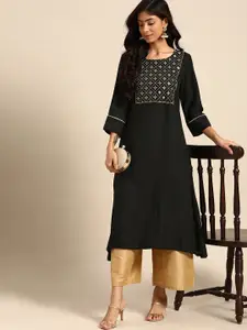 all about you Women Black Embroidered Kurta
