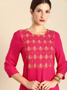 all about you Women Pink & Gold-Toned  Embroidered Floral Yoke Design Thread  Kurta