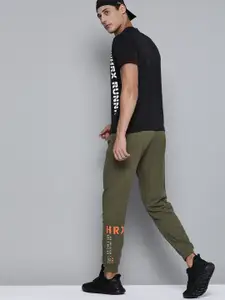 HRX by Hrithik Roshan HRX by Hrithik Roshan Men Olive Green Pure Cotton Rapid-Dry Printed Detail Running Joggers
