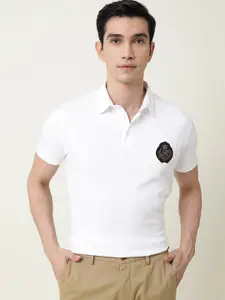 RARE RABBIT Men White Solid Polo Collar Applique T-shirt