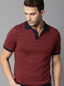 RARE RABBIT Men Red & Navy Blue Striped Polo Collar T-shirt