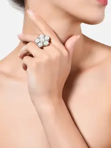 AMI Silver-Plated White AD-Studded Pearl Beaded Floral Shaped Adjustable Finger Ring