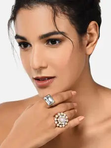 AMI Set Of 2 Gold-Plated White Stone-Studded Pearl Beaded Adjustable Finger Rings