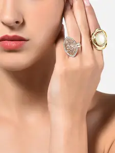AMI Set Of 2 Gold-Plated White Stone-Studded Beaded Adjustable Finger Rings