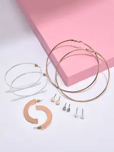 AMI Pack Of 6 Rose Gold-Plated & Silver-Toned Contemporary Studs & Hoops Earrings