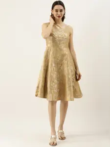 Ethnovog Women Beige Self-Design Made To Measure Fit and Flare Dress