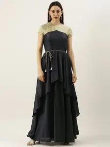 Ethnovog Women Black  Green Solid Made To Measure Layered Maxi Dress