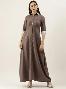 Ethnovog Women Brown Solid Made To Measure Shirt Maxi Dress