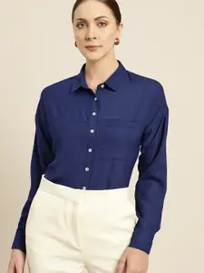 her by invictus Women Navy Blue Drop-Shoulder Sleeves Solid Formal Shirt