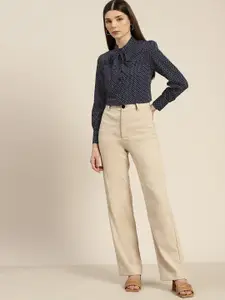 her by invictus Women Navy Blue & White Polka Dots Printed Casual Shirt