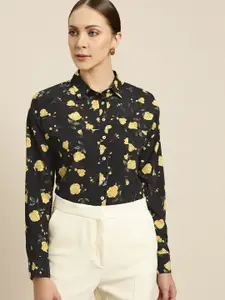 her by invictus Women Black & Yellow Floral Print Drop-Shoulder Sleeves Solid Formal Shirt