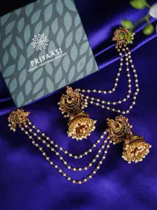 Priyaasi Gold Plated White Stones Beaded Peacock Chained Jhumkas Earrings