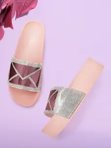 Lavie Women Pink & Silver-Toned Embellished Flatform Heels