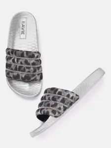 Lavie Women Black & Grey Leopard Print Quilted Open Toe Flats