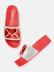 Lavie Women Red & Silver-Toned Embellished Flatform Heels