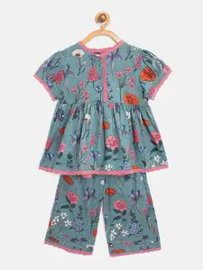 Cherry Crumble Girls Green & Pink Floral Printed Night suit