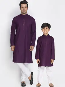 VASTRAMAY Men Purple & White Cotton Linen Blend Kurta With Churidar