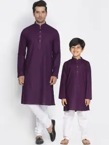 VASTRAMAY Men Purple & White Cotton Linen Blend Kurta With Churidar
