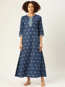MBeautiful Women Navy Blue & White Pure Cotton Ethnic Print Maxi Nightdress