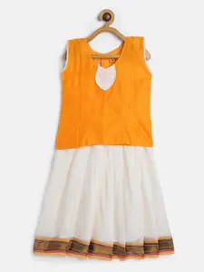 Baby Lakshmi Girls Orange & Off White Ready to Wear Lehenga With Blouse